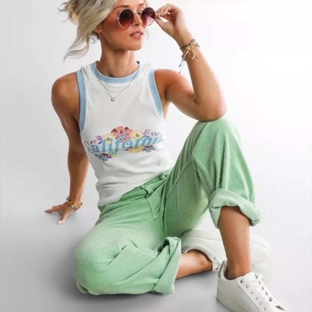 Billabong + Salty Blond Light Green Wide Leg Corduroy Pants